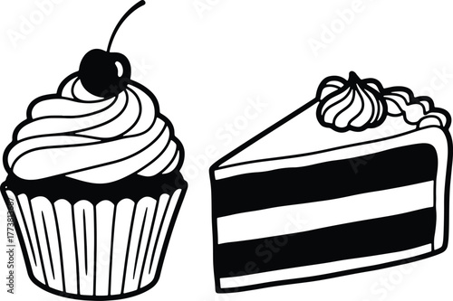 Cupcake with cherry and slice of cake black and white design