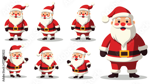 Set of cute santa claus characters in different poses wearing red costume and hat