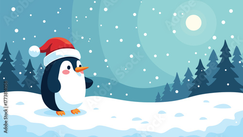 Cute penguin wearing santa hat standing on snowy winter landscape under moonlight