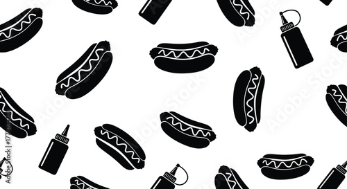 Seamless Pattern of Black Hot Dogs and Condiment Bottles on White