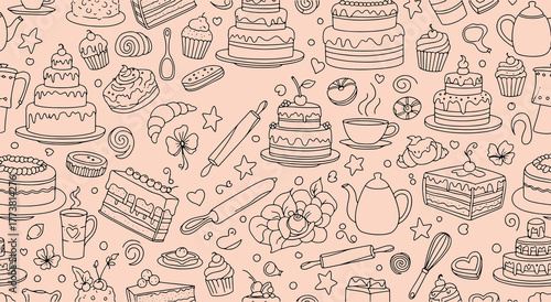 Seamless pattern with sweet bakery products baking utensils and kitchenware outline