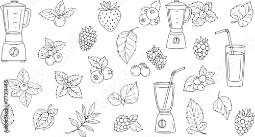 Seamless pattern of smoothie ingredients with blenders and fresh berries