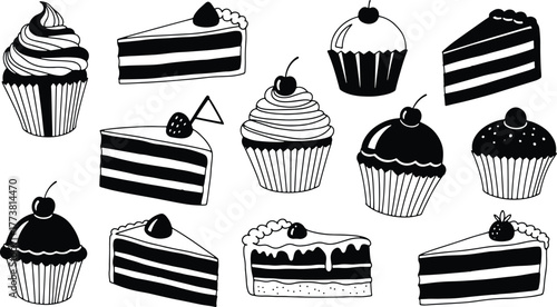 Various black and white cupcakes and cake slices illustration pattern