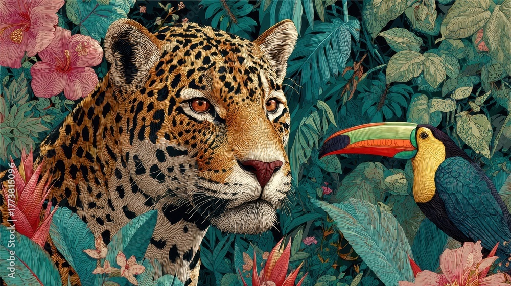 Naklejka premium Vibrant jungle scene featuring a jaguar and a toucan surrounded by lush vegetation and colorful flowers