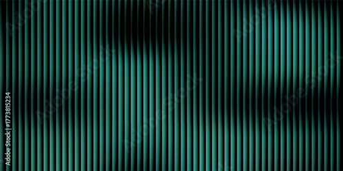 Dark green ribbed glass texture with glossy vertical waves and gradient reflections in abstract background design