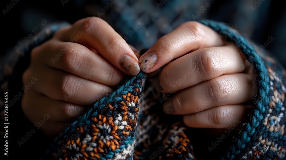 Obraz premium Close-up of hands knitting colorful blue and orange yarn with crochet hook, showcasing handmade textile craft in atmospheric lighting.