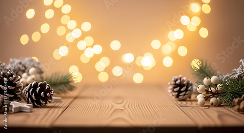 Festive christmas scene with pine cones and sparkling lights on wooden surface