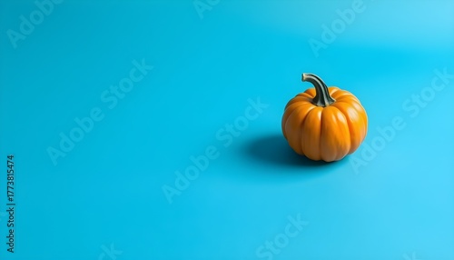 A single pumpkin on a blue background with copy space for text. Halloween and Thanksgiving background.