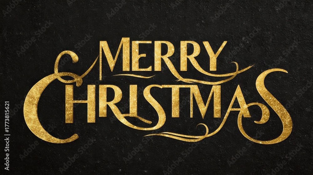 Naklejka premium A stylish design featuring the greeting 'Merry Christmas' in bold gold lettering against a textured black background. Perfect for festive occasions.