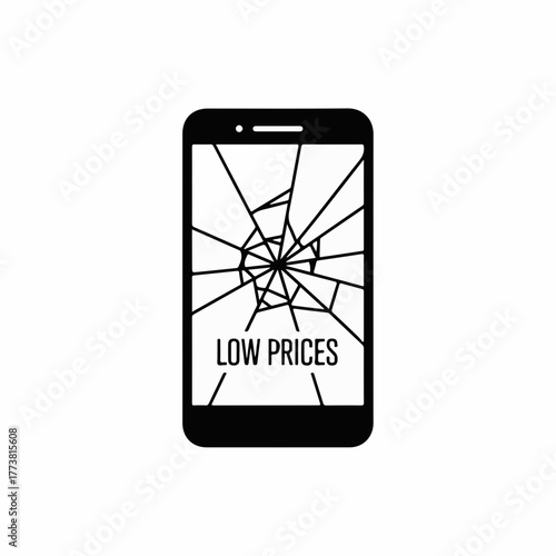 Broken phone display with cracks and inscription, Low prices offers. Mobile phone display showcases damage, alongside promotional text.