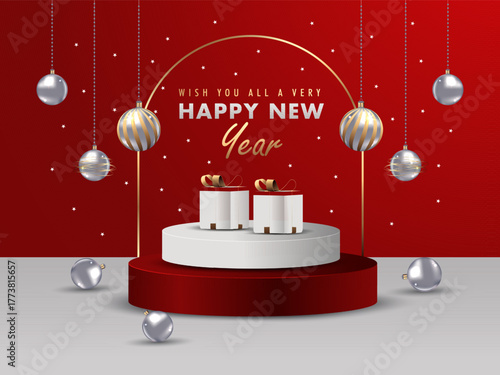 Happy New Year celebration product 3d pedestal podium background design for poster, banner or header. Vector illustration.