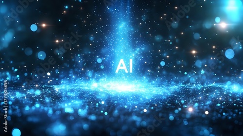 Glowing AI text emerging from magical blue particles and light effects against dark background with bokeh and sparkles, futuristic technology concept.