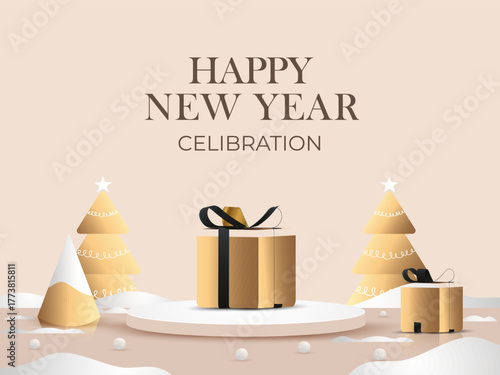 Happy New Year celebration design with 3d pedestal podium product background, golden christmas tree and gifts vector illustration.