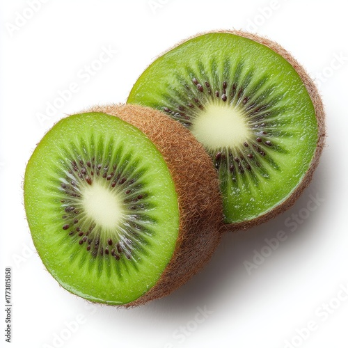 Two kiwi halves, showcasing the vibrant green flesh with distinctive black seeds