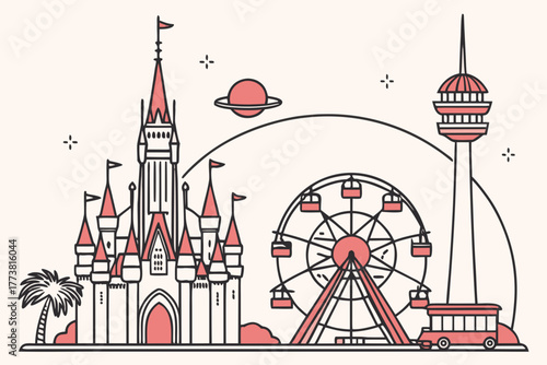 Flat design of Orlando theme park skyline minimal vector
