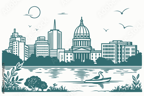 Flat design of Madison skyline lake minimal tone
