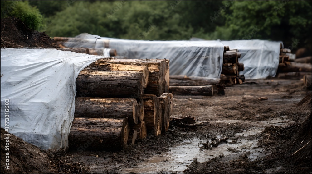 Fototapeta premium Stacks of weathered timber logs covered with white tarps lie on a muddy ground in a forest clearing