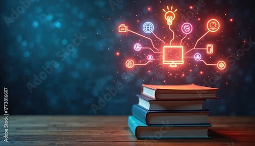 Books on table show digital connection. Glowing icons symbolize ideas, learning, and communication. Technology transforms knowledge sharing and education, fostering global interaction and growth.