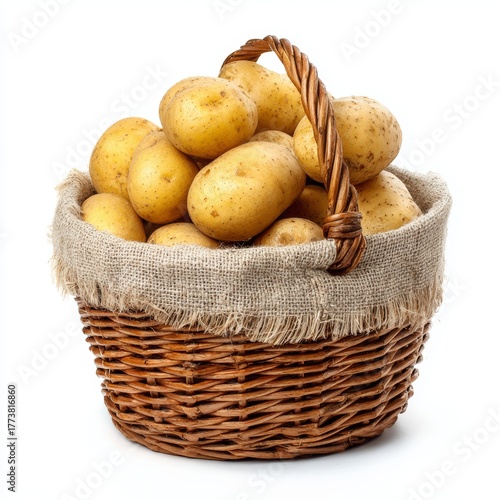 A basket brimming with fresh, golden potatoes. The woven basket, lined with fabric, showcases the potatoes in all their natural glory.