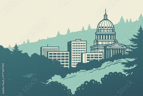 Flat design of Boise skyline and forest minimal pastel tone
