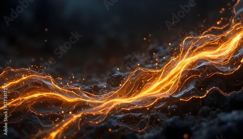 dark background with molten metallic gold and amber streaks, glowing liquid reflections, high-contrast cinematic glow, luxury cyber energy effect