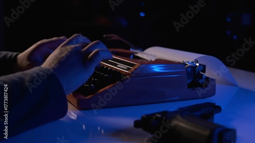 Vintage Police Station Scene – Officer Typing Report on Typewriter
