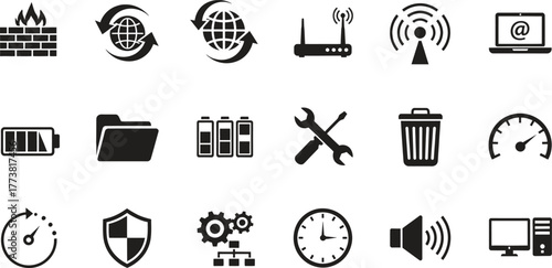 Collection of various technology and business related symbols in black color