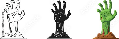 Scary zombie hand icon set graphic element emerging from the grave or ground, undead monster arm isolated on white background for horror and halloween design concepts.