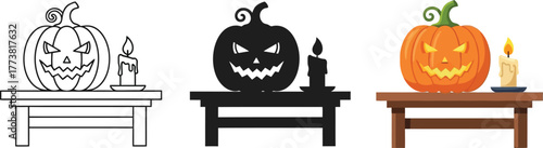 Halloweeen jack-o'-lantern spooky pumpkin with carved angry face and burning candle on wooden table set of three variations outline silhouette color flat design vector illustration