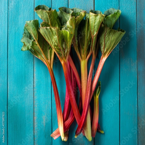 Fresh rhubarb stalks with green leaves, arranged on a vibrant turquoise wooden surface. The contrast of the red stems and green leaves against the turquoise background creates an appealing visual