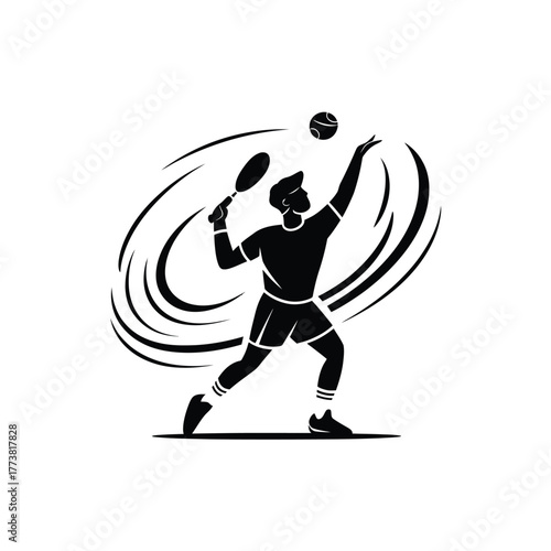 Silhouette of a tennis player serving isolated on white background