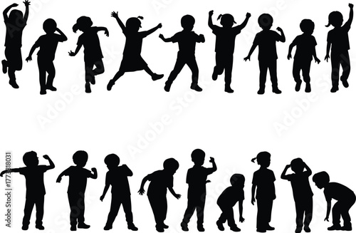 Silhouette of children jumping, dancing, and playing together, group of happy kids in motion showing joy, fun, and energy jumping, dancing, and playing together, group of happy kids in