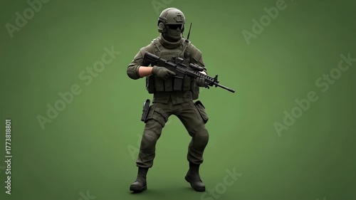 Soldier in Military Uniform Holding Rifle in Green Field.