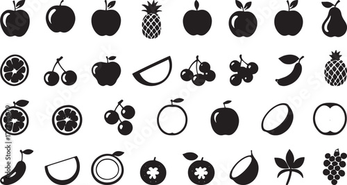 Black and White Fruit Icons Vector Set: Collection of Silhouettes Including Apple, Banana, and Citrus 