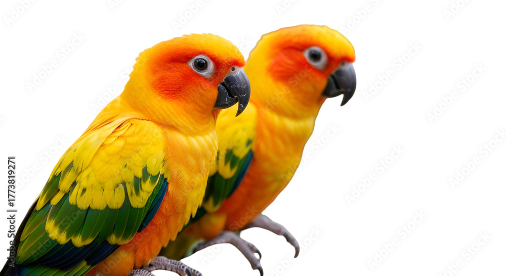 Fototapeta premium Bright yellow and orange parrots perched side by side