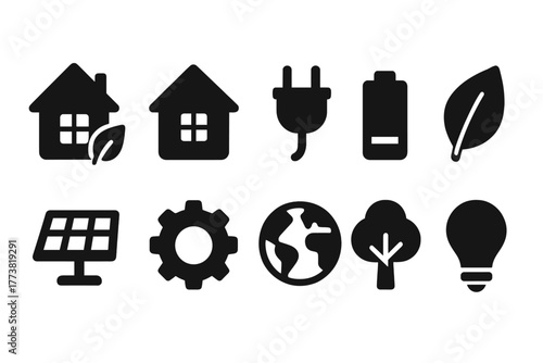 Eco, renewable energy solid icon set. Green, sustainable living symbols