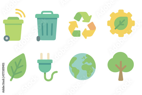 Eco-friendly flat icon set. Recycling, sustainability, green energy flat icons collection