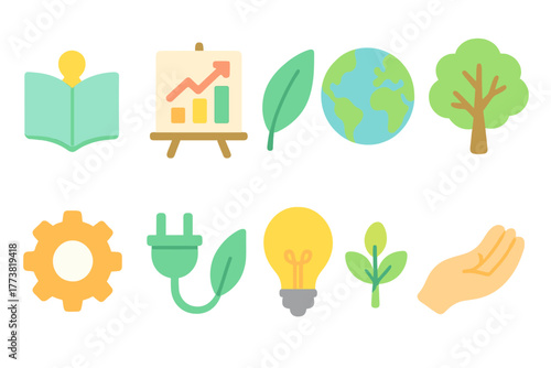 Eco, environment flat icon set. Sustainability, nature, green energy, ecology symbols