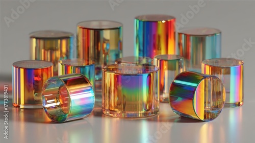 Cylindrical dichroic glass reflects vibrant colors in eye-catching patterns. Use for abstract backgrounds or artistic design projects.