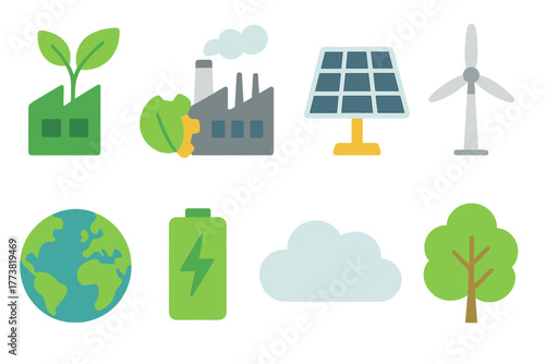 Environmental conservation flat icon set. Eco-friendly, renewable energy symbols collection.