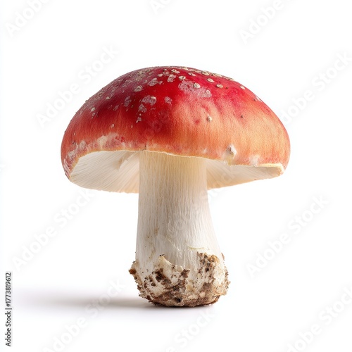 A captivating close-up of a vibrant red mushroom, with delicate white spots and a sturdy stem. The unique cap shape and texture stand out