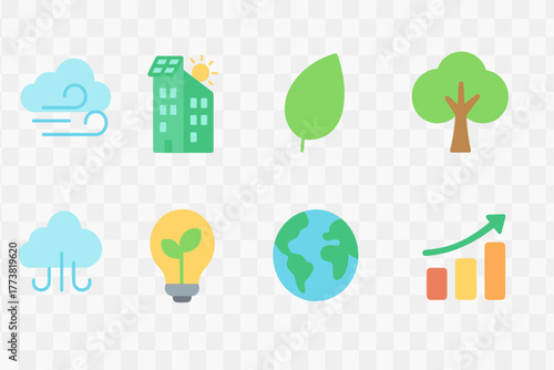 Eco and nature flat icon set: environment, sustainability, green energy icons