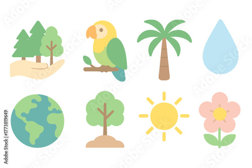 Nature conservation flat icon set with trees, animals, and environmental symbols