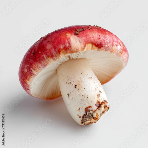 A vibrant red mushroom isolated. The mushroom has a striking red cap and a creamy white stem