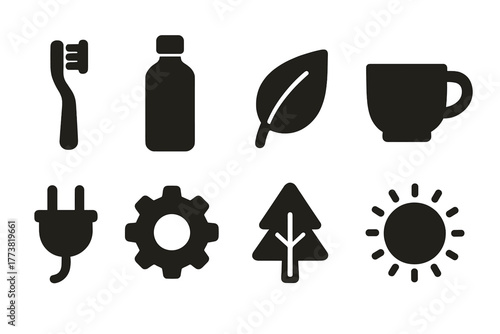 Eco-friendly solid icon set. Sustainable living, nature, green lifestyle icons.