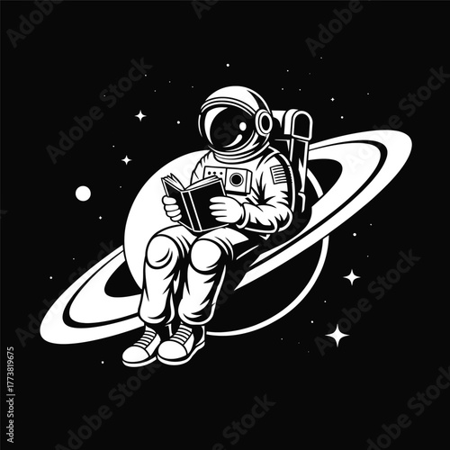 Astronaut reading on saturn silhouette