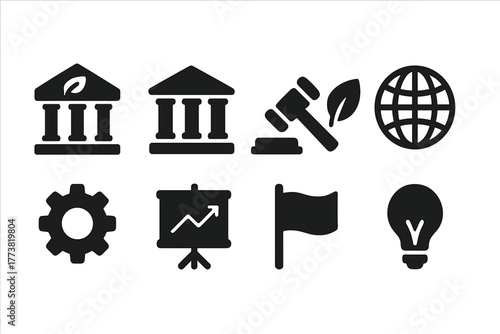 Government and ecology solid icon set. Law, environment, technology solid collection.