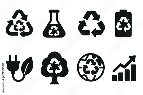 Recycling, sustainability solid icon set. Eco-friendly, waste management symbols collection.