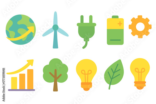 Renewable energy flat icon set. Eco-friendly power, sustainable resources icons.