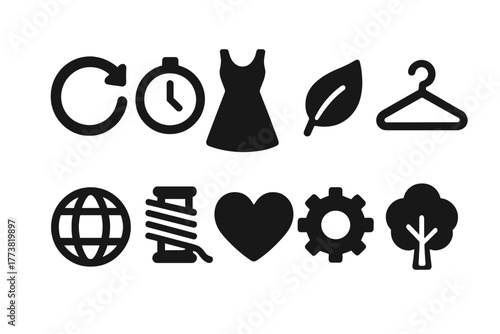 Fashion and eco-friendly solid icon set. Sustainability, style icons collection.